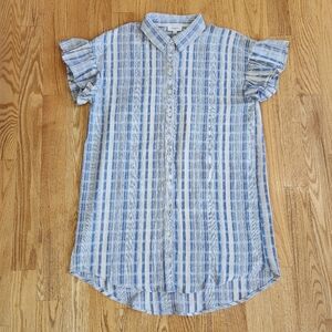 NWT Umgee Women's Button Up Shirt Dress Ruffle Sleeve Blue and Ivory